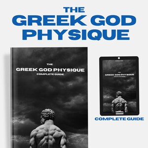 Könnte beinhalten: Ein Buch und ein Tablet mit dem Text "THE GREEK GOD PHYSIQUE COMPLETE GUIDE" in Weiß und Blau. Das Buch und das Tablet zeigen ein Graustufenbild einer muskulösen Statue vor einem bewölkten Himmel.
