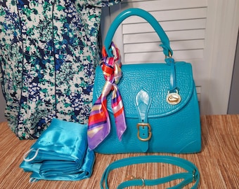 Vintage Hand Painted Turquoise Dooney & Bourke Carpet Bag with Matching Dust Bag Custom Dooney Bourke Crossbody  All Weather Leather