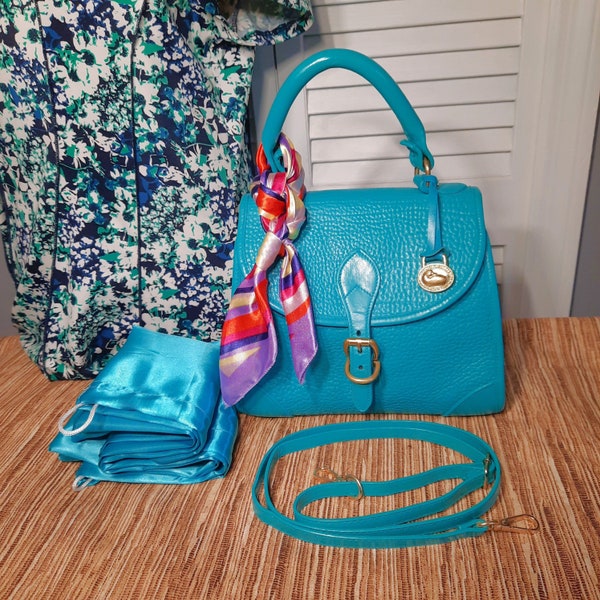 Vintage Hand Painted Turquoise Dooney & Bourke Carpet Bag with Matching Dust Bag Custom Dooney Bourke Crossbody  All Weather Leather