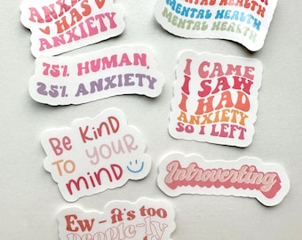 Funny Mental Health Stickers: Anxiety Introvert Quotes, Waterproof Set