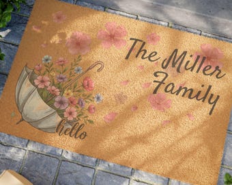 Personalized Floral Doormat – Spring Welcome Mat, Eco-Friendly Coir