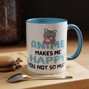 Koffiemok, anime kattenmok met quote Anime maakt me blij, jij, niet zo veel. Grappig kattenliefhebbercadeau, keramische theekop, kawaii dierenliefhebber