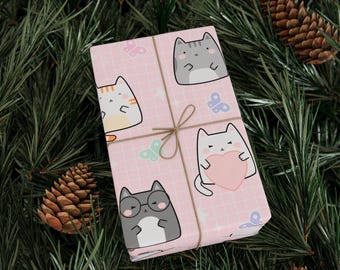 Kawaii Cats Gift Wrap Roll, Cute Cat Lover Birthday Holiday Presents