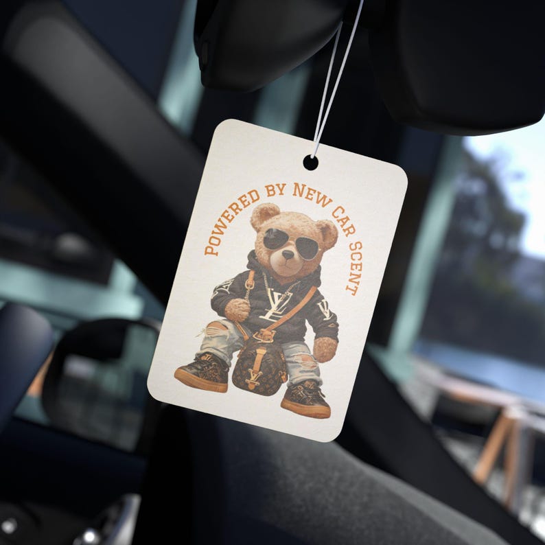 Geïllustreerde auto luchtverfrisser teddybeer | Nieuwe auto, grenen, Black Ice-geuren afbeelding 3