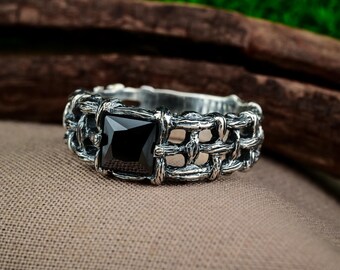 Silver Ring: Black Onyx Woven Band - Handmade Gothic Style
