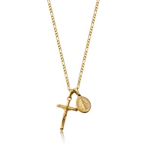 Gold Cross and Virgin Necklace for Both Men and Women, Featuring 18K Heavy Plated Gold, a 3mm Figaro Chain, Charming Necklace.