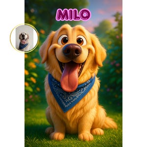 Puede incluir: Ilustraci&oacute;n de dibujos animados de un perro golden retriever llamado Milo, con un pa&ntilde;uelo azul. El perro sonr&iacute;e con la lengua fuera. La palabra "Milo" est&aacute; escrita encima en letras rosas. Una imagen m&aacute;s peque&ntilde;a del perro est&aacute; en la esquina superior izquierda.