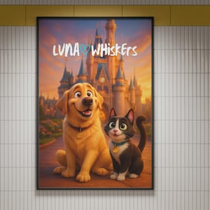 Puede incluir: Un p&oacute;ster enmarcado con un perro y un gato de dibujos animados frente a un castillo. El perro es dorado y el gato es blanco y negro. El p&oacute;ster tiene el texto "LUNA WHISKERS" en letras blancas.