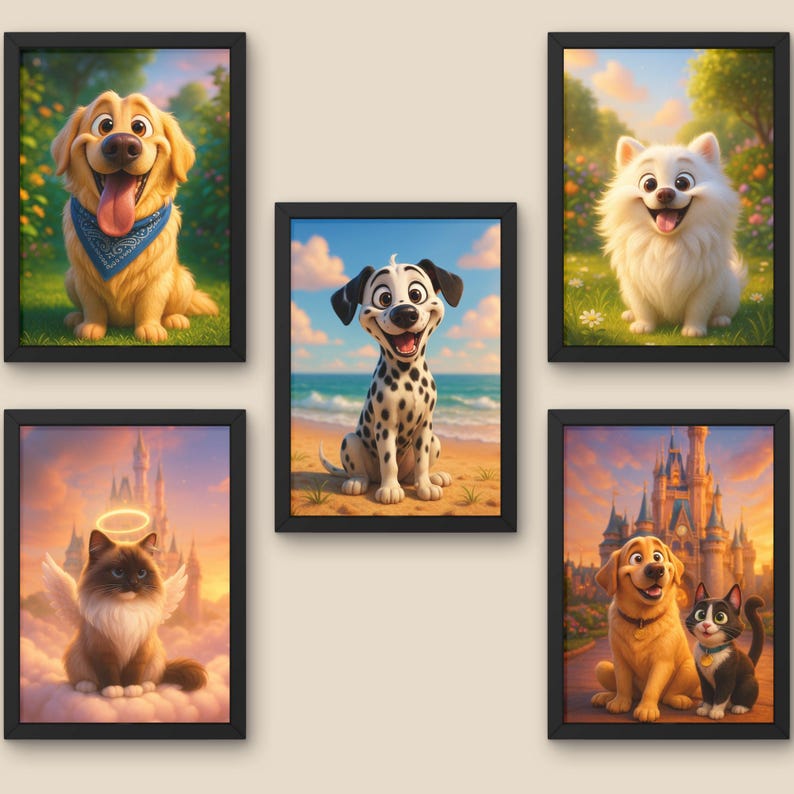 Puede incluir: Cinco impresiones art&iacute;sticas enmarcadas con animales de dibujos animados. Un golden retriever con un pa&ntilde;uelo azul, un d&aacute;lmata en una playa, un perro blanco esponjoso, un gato con alas de &aacute;ngel y un d&uacute;o de perro y gato frente a un castillo.