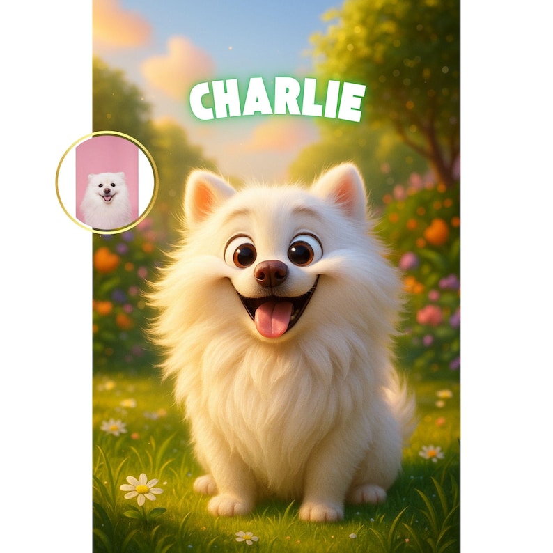 Puede incluir: Ilustraci&oacute;n de dibujos animados de un perro blanco sonriente con el nombre "CHARLIE" en texto verde arriba. El perro tiene la lengua rosa y est&aacute; sentado en un campo de hierba con flores y &aacute;rboles en el fondo. Una imagen m&aacute;s peque&ntilde;a del perro est&aacute; en un c&iacute;rculo rosa.