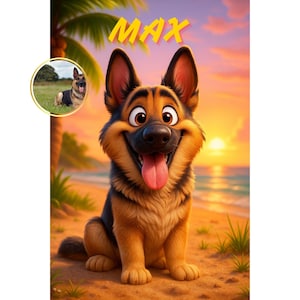 Puede incluir: Ilustraci&oacute;n de dibujos animados de un perro pastor alem&aacute;n sonriendo con la lengua fuera y el nombre "MAX" arriba. El fondo muestra una escena de playa con una puesta de sol y una imagen m&aacute;s peque&ntilde;a del perro.