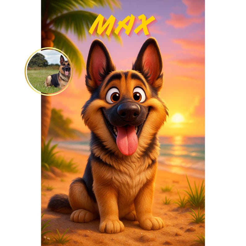 Puede incluir: Ilustraci&oacute;n de dibujos animados de un perro pastor alem&aacute;n sonriendo con la lengua fuera y el nombre "MAX" arriba. El fondo muestra una escena de playa con una puesta de sol y una imagen m&aacute;s peque&ntilde;a del perro.