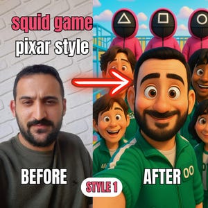 Puede incluir: Una imagen de antes y después muestra a un hombre transformado en un personaje al estilo Pixar de la serie Squid Game. La imagen incluye el texto "squid game pixar style", "BEFORE", "STYLE 1" y "AFTER 00". La imagen posterior muestra al hombre con un chándal verde.