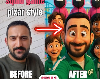 Retrato de juego de calamar personalizado al estilo Pixar, 456, gi hun, calamar, 001, in ho, encanto, juego de bofetadas, línea roja/verde, máscara de juego, jefe de juego,