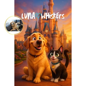 Puede incluir: Ilustraci&oacute;n digital de un golden retriever sonriente y un gato blanco y negro, ambos con collares con etiquetas. El fondo muestra un castillo y el texto "LUNA WHISKERS". Una imagen incrustada muestra un perro y dos gatos.