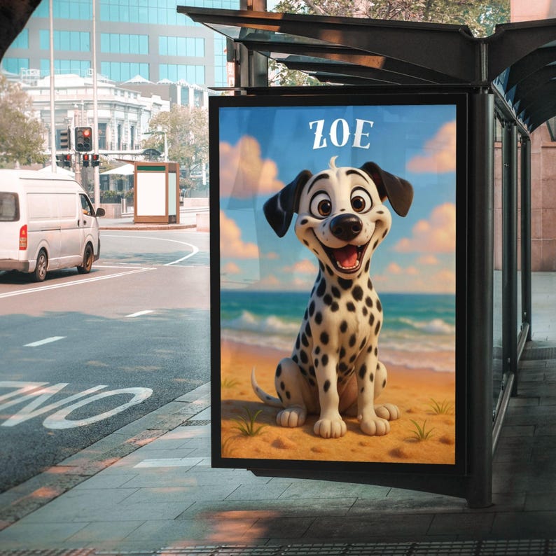 Puede incluir: Un anuncio de parada de autob&uacute;s presenta un perro d&aacute;lmata de dibujos animados con manchas negras, sentado en una playa con la palabra "ZOE" encima. El fondo muestra un cielo azul, el oc&eacute;ano y arena. El perro tiene una expresi&oacute;n feliz.