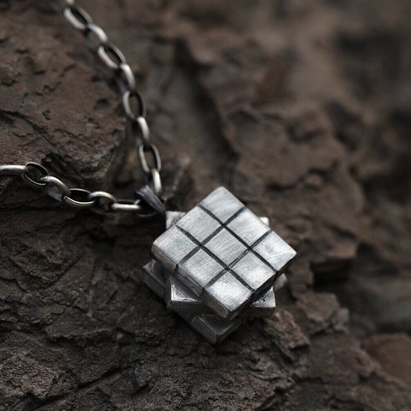 S999 Pure Silver Rubik's Cube Pendant Necklace, Handcrafted Inspirational Necklace, Gift for Puzzle Lovers, Unisex Silver Necklace