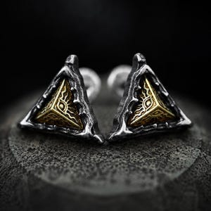 Horus Eye Triangle Stud Earrings, Sacred Geometry S925 Silver & Brass Earrings, Dark Artifact Jewelry, Gothic Techwear Studs, Gift for Him
