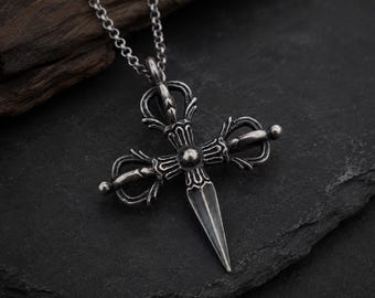 Gothic Dagger Cross Pendant, Vajra Sword Necklace, S925 Sterling Silver Charm, Medieval Dark Academia Jewelry, Unique Oxidized Silver Cross