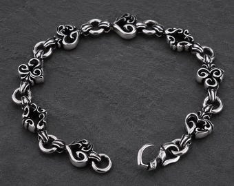 Medieval Gothic Chain Bracelet, Chunky Playing Card Link Bracelet, S925 Sterling Silver Biker Jewelry, Mens Heavy Oxidized Silver Bracelet