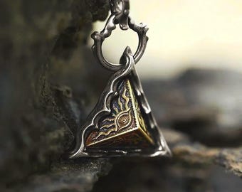Geometric Pyramid Pendant Necklace, S925 Sterling Silver & Brass Eye of Horus Talisman, Sacred Geometry Architectural Relic Jewelry Gift Him