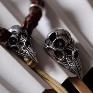 Oxidized S925 Silver Gothic Raven Skull Pendant, Handmade Charm for Beaded Bracelets or Necklaces, Unique Dark Symbolic Jewelry Piece
