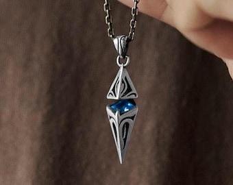 Cyberpunk Prism Pendant Necklace, Hand Carved S925 Sterling Silver Pendant, Blue CZ Charm, Futuristic Industrial Jewelry, Oxidized Finish