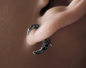 Front Back Crescent Moon Earrings, S999 Pure Silver Stud Earrings, Sculptural Celestial Gothic Moon Jewelry, Unique Dark Academia Earrings