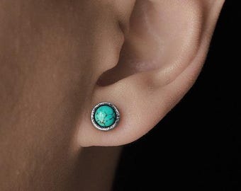 Turquoise Stud Earrings, S999 Fine Oxidized Silver, Men's Textured Round Studs, December Birthstone Gift, Sagittarius Jewelry, Handcrafted
