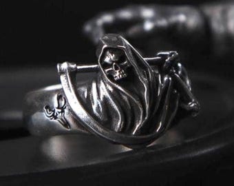 Grim Reaper Ring, Chunky Silver Band, Mens Pinky Ring, Gothic Skull Jewelry,  Sterling Silver Wide Statement Ring, 24K Gold Scythe Accent