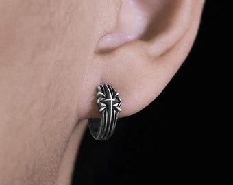 Armor Relic Chunky Huggie Hoop Earrings, S925 Sterling Silver Gothic Cross Jewelry, Mens Blackened Forged Sigil Hoops, Punk Biker Style
