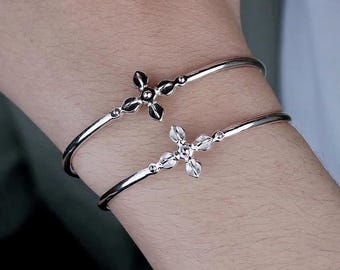 Clover Cuff Bracelet, Gothic Cross Bracelet, Sterling Silver Open Cuff Bangle, Minimal Slim Stackable Bracelet, Unisex Matching Jewelry Gift