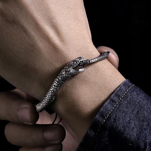 S999 Pure Silver Ouroboros Snake Bracelet, Men's Oxidized Silver Chain Link, Unique Ouroboros Snake Design Jewelry, Gothic Gift for Him