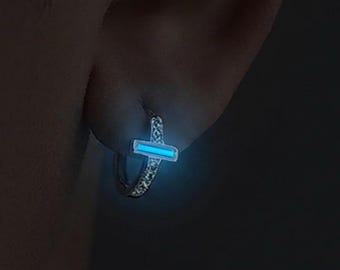 Self Luminous Hoop Earrings, S925 Sterling Silver Cyberpunk Huggies, Futuristic Techwear Jewelry, Sci Fi EDC Earrings, Glow in the Dark