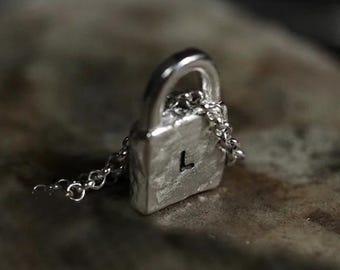 Personalized Lock Pendant Necklace, Double-Sided Custom Engraved S999 Fine Silver, Handmade Silver Lock Charm, Letter Initial Necklace Gift