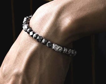 Geometric Silver Bracelet, Sterling Silver Bead Bracelet, Handformed S999 Fine Silver Beads, Oxidized Brutalist Mens Jewelry, Gift for Him