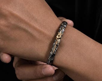 Handcrafted Open Cuff Bracelet for Men, Forged S925 Silver Artisan Bangle, Dark Oxidized Gold Rune Adjustable Statement Jewelry Gift for Him