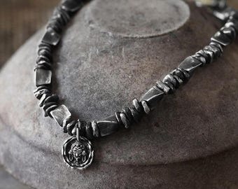Sculptural Silver Bead Bracelet, Men's Fine & Sterling Silver Bracelet, Minimalist Jewelry, Matte Oxidized Wabi Sabi Jewelry, Tibetan Charm