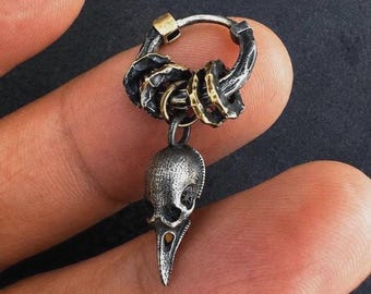 Plague Doctor Dangle Earring, S999 Fine Silver, Oxidized Industrial Jewelry, Hammered Silver, Gothic Mens Drop Earring, Unique Gift for Him