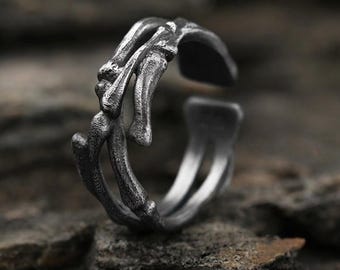Intertwined Bone Ring, S999 Pure Silver Gothic Jewelry, Oxidized Adjustable Band, Alternative Matching Ring, Till Death Rings, Memento Mori
