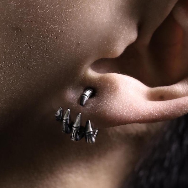 S999 Sterling Silver Skeleton Hand Stud Earrings, Gothic Oxidized Dark Elegance Design, Bold Unisex Ear Studs, Men's Everyday Wear Jewelry