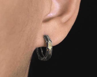 Oxidized Silver Huggie Earrings, Hammered Texture S925 Sterling Silver Hoops, Dark Artisan Relic Style Jewelry, Mens Statement Matte Jewelry