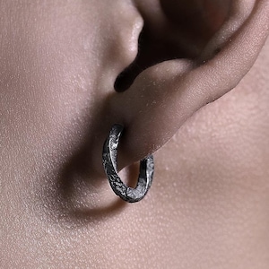 S925 Silver Wabi-Sabi Hoop Earrings, Minimalist Rustic Solid Silver Men’s Hoops, Handcrafted Oxidized Black Silver Jewelry for Him