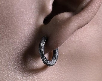 S925 Silver Wabi-Sabi Hoop Earrings, Minimalist Rustic Solid Silver Men’s Hoops, Handcrafted Oxidized Black Silver Jewelry for Him