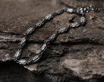 Geometric Link Chain Bracelet, S990 Pure Silver Jewelry, Mens Adjustable Oxidized Bracelet, Industrial Textured Chain, Wabi Sabi Jewelry