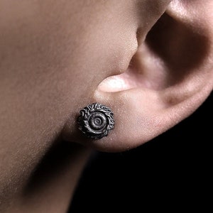 S999 Pure Silver Sunflower Earrings, Van Gogh Inspired, Handcrafted Oxidized Vintage Men's Stud Earring, Unique Floral jewelry, Gift for Her image 1