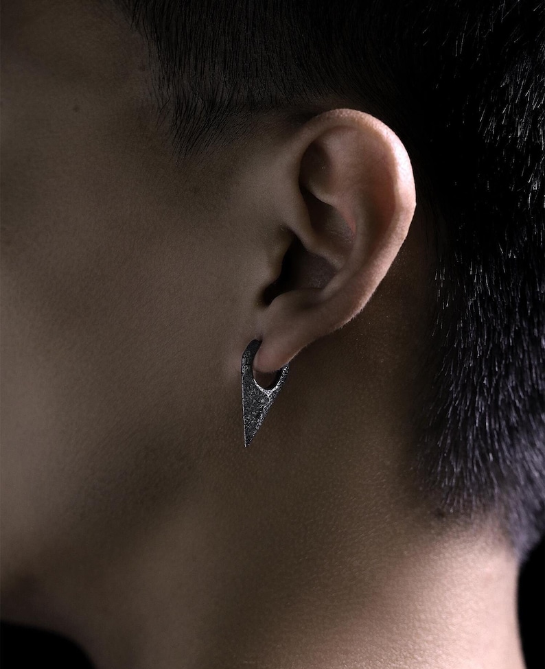 S925 Oxidized Silver Minimalist Men's Earrings, Dark Aesthetic Silver Hoop Earrings, Unisex Textured Ear Jewelry, Unique Geometric Hoops image 1