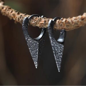 May include: A pair of black metal earrings with a triangular shape and a textured finish. The earrings are hanging from a branch.