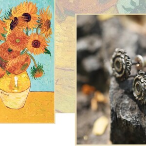 May include: A pair of silver sunflower stud earrings with a detailed design. The earrings are on a dark gray textured surface.