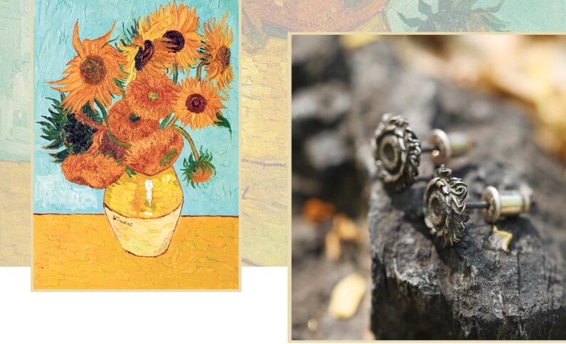 May include: A pair of silver sunflower stud earrings with a detailed design. The earrings are on a dark gray textured surface.